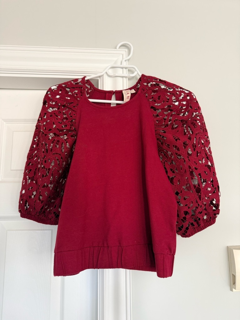 Anthropologie raspberry crochet sleeve top